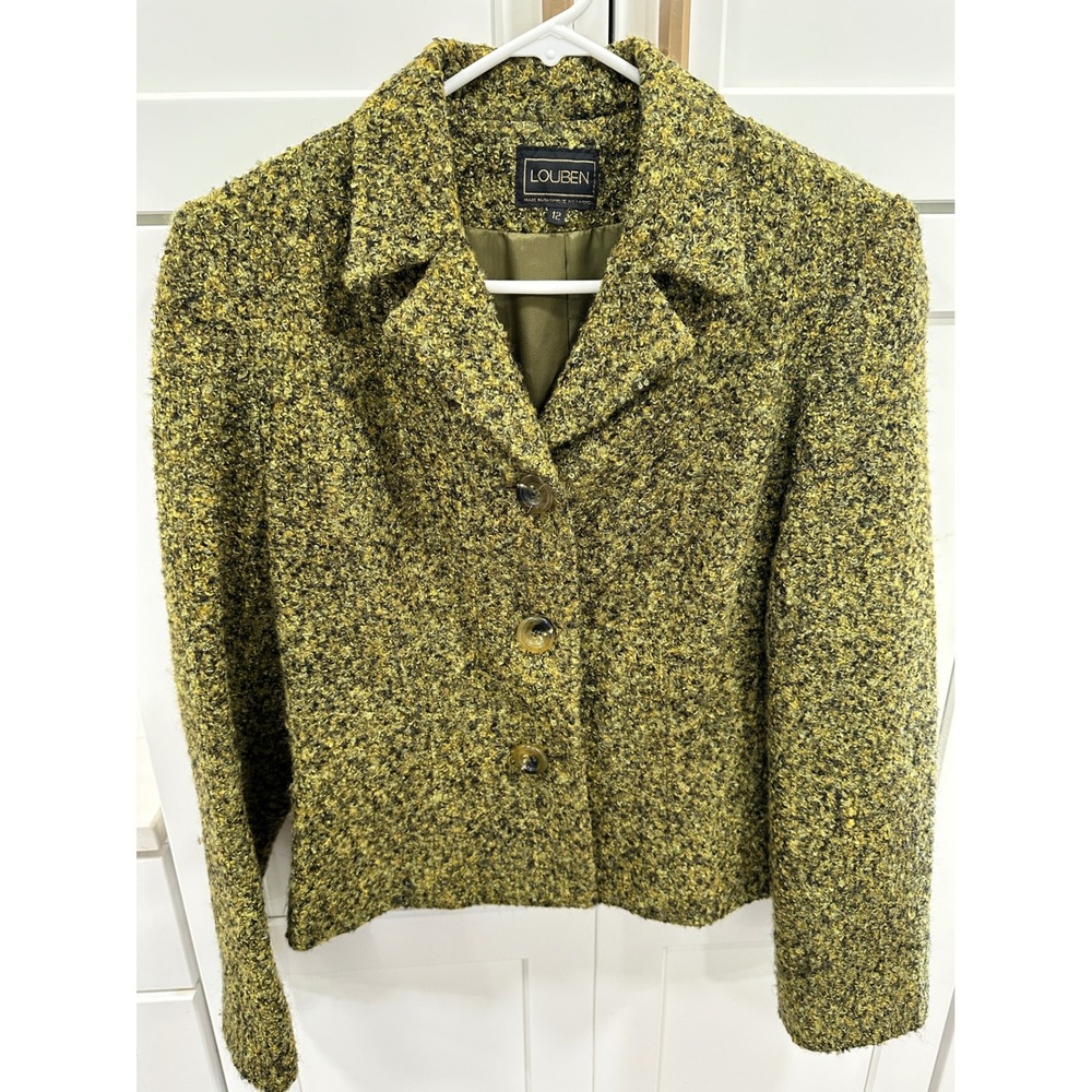Louben Vintage Boucle Blazer Jacket Green Gold Wool Blend Made in Canada Size 12